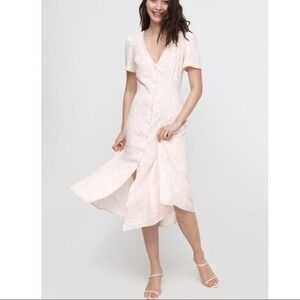 NWT‎ Babaton Aritzia Elin A-line Modest Midi Dress Pink White Button Front Small